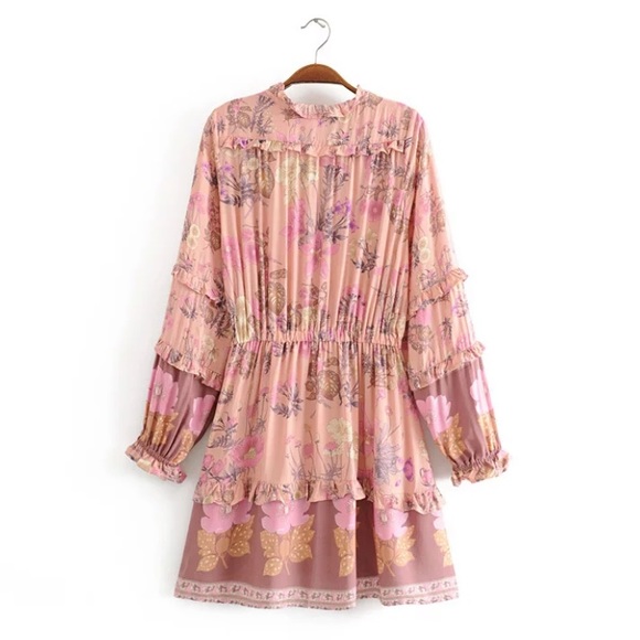 SOLD OUT Boho Gypsy Floral Long Sleeve Ruffle Mini Dress - Picture 7 of 8